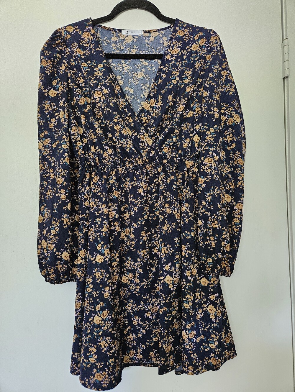 Cupshe Navy Blue Yellow Ditsy Floral Long Sleeve Dress Small